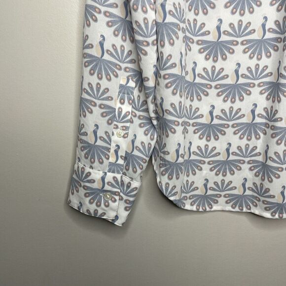 EXPRESS Top Womens XS V-Neck Popover Blouse Long Sleeve Blue Ivory Print - Picture 6 of 8